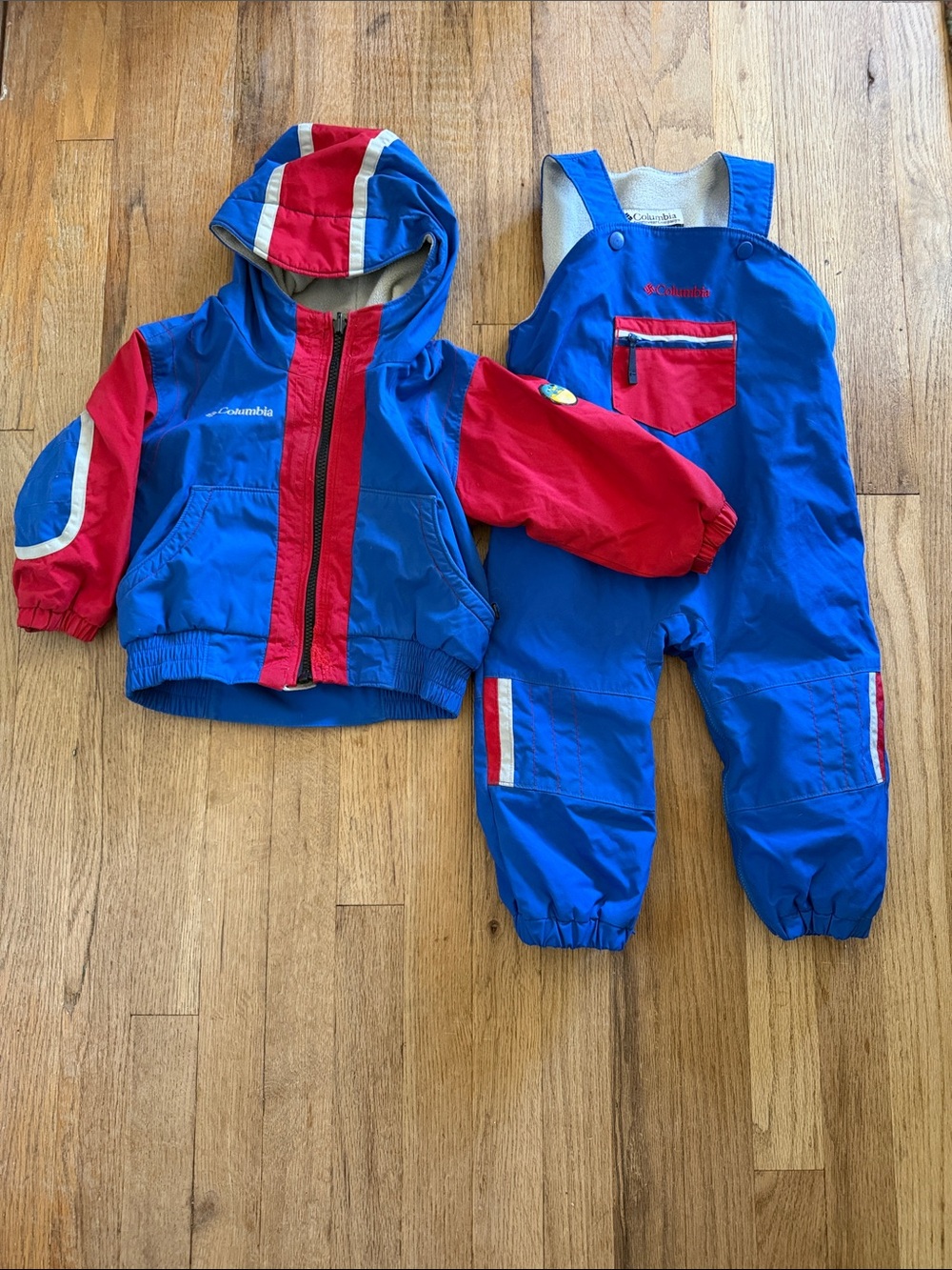 Columbia Kids Blue & Red Kids Hooded Jacket with Bib Snow Pants size 24 months